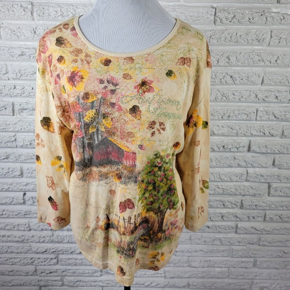 Studio Collection XL Brown Yellow Studded Blouse Boat Neck 3/4 Sleeve NOV95E